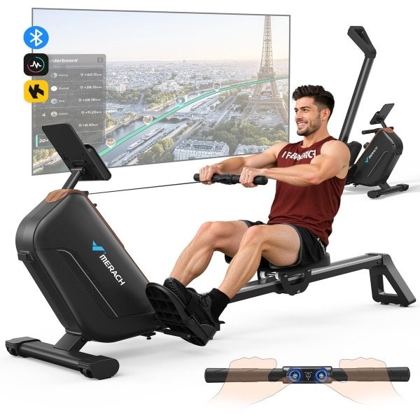 MERACH Roeimachine voor thuis - Stille magnetische roeitrainer - LCD-display - 16-staps magnetisch systeem - Bluetooth-monitor - Verstelbare tablet-houder - Slimme app-monitoring - Eenvoudige montage - 160 kg gewichtscapaciteit - Verticale opslag