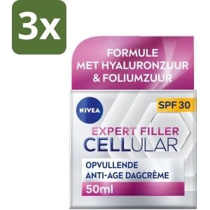 NIVEA - CELLular Expert Filler Dagcrème - Anti-Veroudering Gezichtscrème - SPF 30 - Met Hyaluronzuur, Creatine & Foliumzuur - 50 ml - Bulkverpakking - 3 stuks