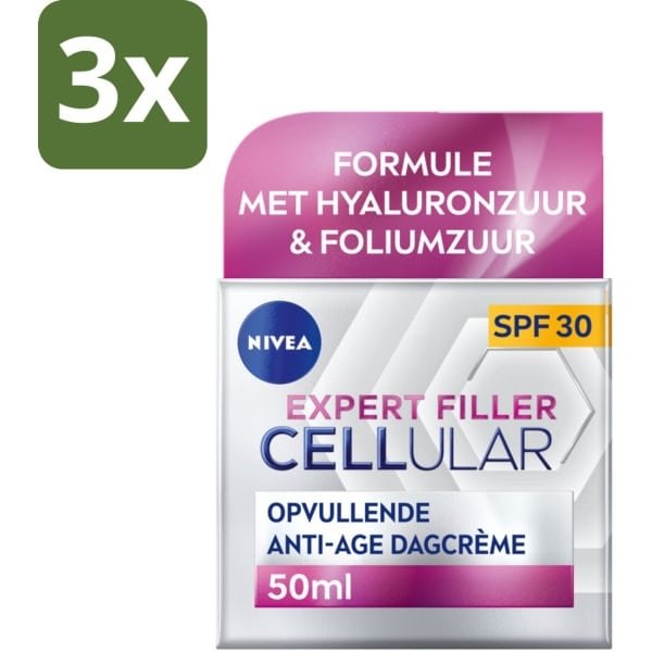 NIVEA - CELLular Expert Filler Dagcrème - Anti-Veroudering Gezichtscrème - SPF 30 - Met Hyaluronzuur, Creatine & Foliumzuur - 50 ml - Bulkverpakking - 3 stuks