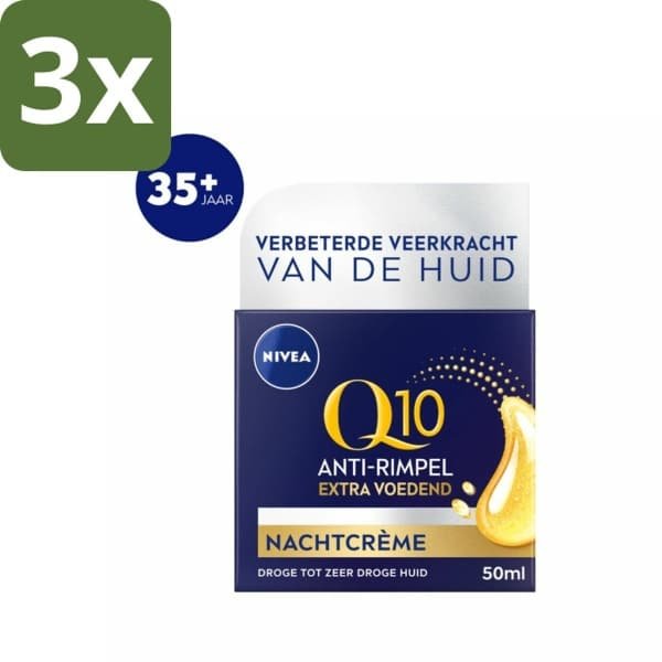 NIVEA - Nachtcrème - Q10 Extra Voedend - Voor droge huid - Anti-Rimpel - Met Creatine - 50 ml - Bulkverpakking - 3 stuks