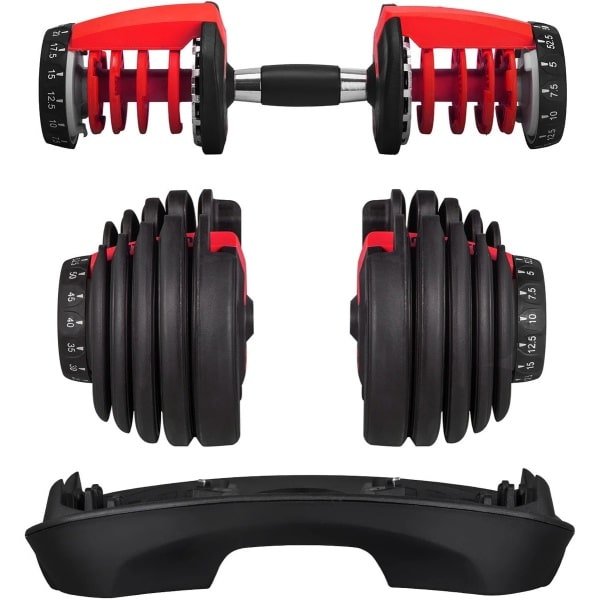 NaevaMi Verstelbare Dumbells - Dumbbells - Gewichten Halterset - Fitness Sport Set - Conditie en/of Krachttraining - Stalen Halters - Thuis Trainen - Met QuickLock-Systeem - 2.5 KG t/m 24 KG - Zwart/Rood
