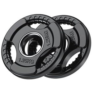 PhysKcal Olympische halterschijven met rubberen afwerking 2 '' opening en Tri-Grips, zwarte halterschijven in paar of enkel voor tillen en krachttraining, massieve gietijzeren kerngewichten set voor