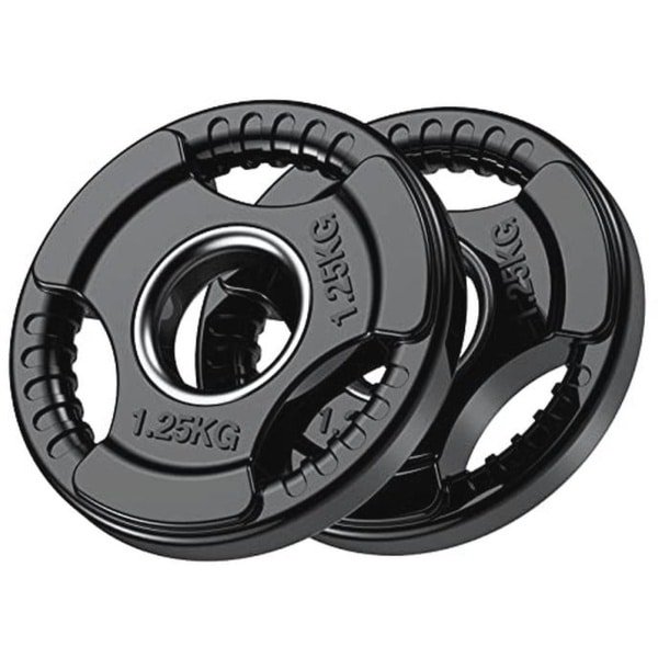 PhysKcal Olympische halterschijven met rubberen afwerking 2 '' opening en Tri-Grips, zwarte halterschijven in paar of enkel voor tillen en krachttraining, massieve gietijzeren kerngewichten set voor