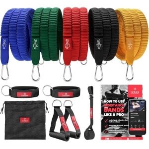 Resistance Bands Weerstandsbanden Fitness Set + Trainings eBook - Expander Tubes - Elastische Work-Out Power Weerstand Banden: 5 Elastiek, Handvaten, Deuranker, Enkelbanden | Krachttraining Gym