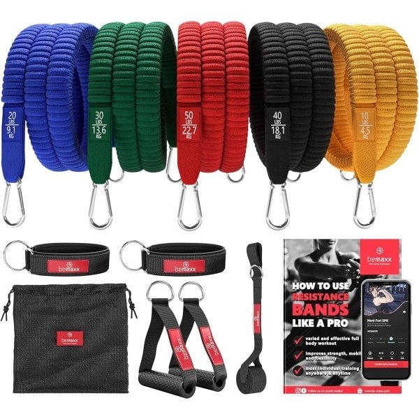Resistance Bands Weerstandsbanden Fitness Set + Trainings eBook - Expander Tubes - Elastische Work-Out Power Weerstand Banden: 5 Elastiek, Handvaten, Deuranker, Enkelbanden | Krachttraining Gym