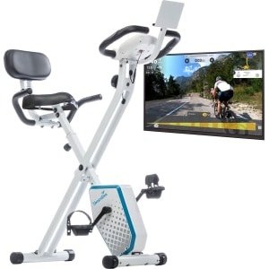 Skandika Foldaway X-1000 Plus Hometrainer Fiets - Hometrainers - Fitnessbike - Hometrainer fiets inklapbaar - Opvouwbaar X-bike F-bike met handpulssensoren, Bluetooth-computer, tablethouder, rugleuning, 130 kg max. Gebruikersgewicht - wit/blauw