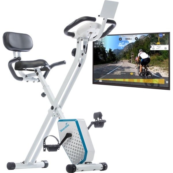Skandika Foldaway X-1000 Plus Hometrainer Fiets - Hometrainers - Fitnessbike - Hometrainer fiets inklapbaar - Opvouwbaar X-bike F-bike met handpulssensoren, Bluetooth-computer, tablethouder, rugleuning, 130 kg max. Gebruikersgewicht - wit/blauw