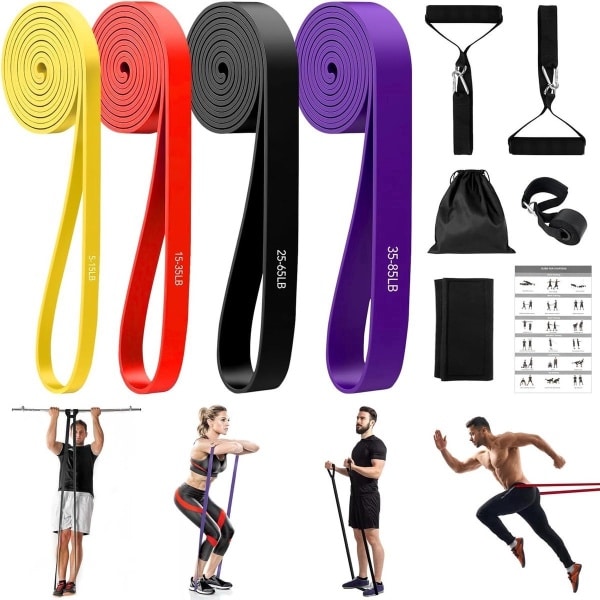 Stunq® Fitnessbanden met 4 weerstandsniveaus, set weerstandsbanden met handgrepen, deuranker, beschermhoes, draagtas en trainingshandleiding, weerstandsbanden voor fitness, stretching, yoga, krachttraining