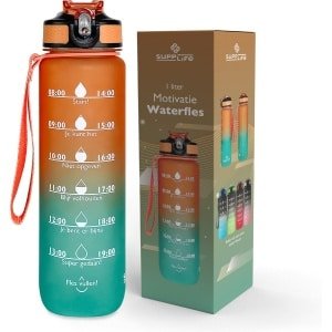 Supplife Nederlandse Motivatie Waterfles - 1 Liter - Nederlandse Tekst - Drinkfles - Waterfles met Tijdmarkeringen - Waterfles met rietje - Fitness & Crossfit - Inclusief Schoonnmaakborsteltje - Cyaan Oranje