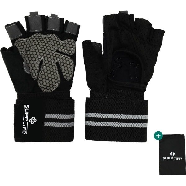 Supplife Sport & Fitness Handschoenen Heren & Dames - Krachttraining - CrossFit - Zwart & Grijs - Inclusief Opbergzakje - Maat S