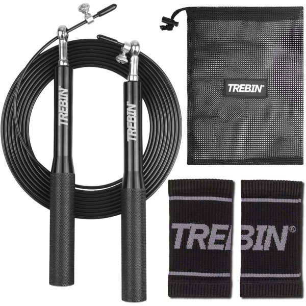 Trebin Professioneel Sport Springtouw inclusief Zweetbandjes - Speedrope - Verstelbaar - Jump Rope - voor Volwassenen en Kinderen - Crosstraining HIIT en Krachttraining - Zwart
