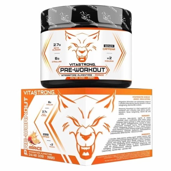 Vegan Potent Pre-Workout 300g - L-Citrulline, Beta-Alanine, Taurine, AstraGin, Panax Notoginseng - 24 Porties, Sinaasappel (Cafeïne Vrij) - Gemaakt in Italië
