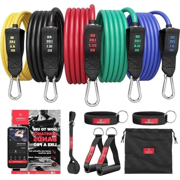 Weerstandsbanden Fitness Set + Trainings eBook - Tubes - Elastische Work-Out Power Weerstand Banden: Handvaten Deuranker Enkelbanden | Krachttraining Gym