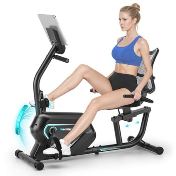 Wenoker Hometrainer met magneetrem, hartslagsensoren en lcd-display, 8 weerstandsniveaus, zitergometer met rugleuning, voor thuis, tot 160 kg