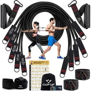 set van 5 fitnessbanden, expander tube bands, fitnessband met grote handgreep, enkelriem, deurankerbevestiging, draagas, ideaal voor pilates, krachttraining, fysiotherapie
