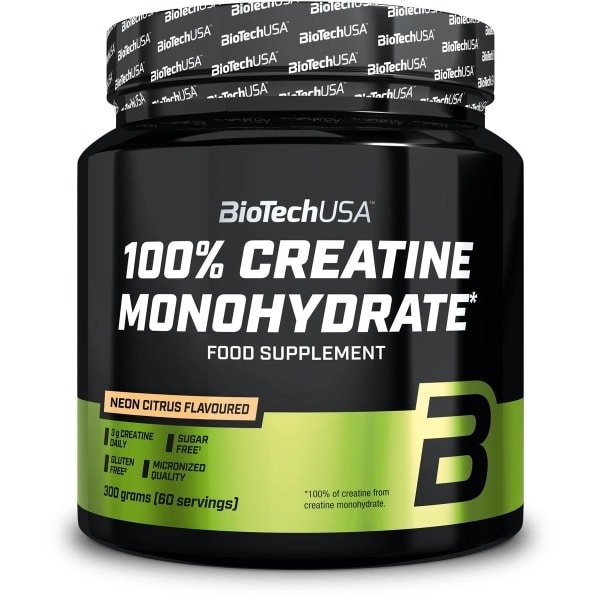 BioTechUSA 100% Creatine Monohydrate | Creatine van farmaceutische kwaliteit | Gemicroniseerd | Veganistisch | Glutenvrij, 300 g, Neon citrus