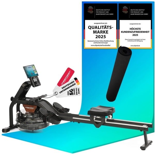 Christopeit roeitrainer Garda met waterweerstand - verhoogde zitting - Bluetooth - 120 kg incl. vloerbeschermingsmat