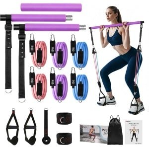 Fokky Elastische krachttraining, afneembare pilatestang met 6 weerstandsbanden, elastisch, sport, 20-180 lbs, pilatesset met deuranker, voor fitness, yoga, squat, rek
