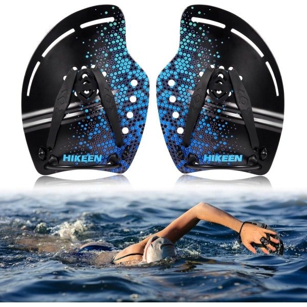 Handpeddels voor krachttraining in het zwemmen - verstelbare riemen, blauw/geel/roze