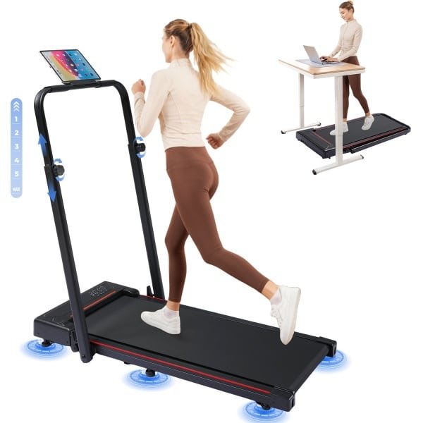 Loopbanden, Walking Pad, opvouwbare loopband voor thuis met LED-display en afstandsbediening, hoogteverstelbare armsteunen, 2.5 PK motor, fitness, workout, thuisfitnessapparaat, Rood