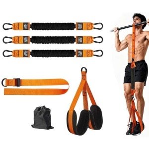 Optrekbandset - Fitnessband met handgrepen - Stevige weerstandsband - Met voetpedalen - Krachttrainingsband voor lichaamsgewichttraining - Verstelbaar - Geschikt voor optrekstangen en krachttraining in de thuisgym - Oranje