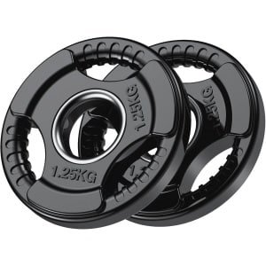 PhysKcal Olympische halterschijven met rubberen afwerking 2 '' opening en Tri-Grips, zwarte halterschijven in paar of enkel voor tillen en krachttraining, massieve gietijzeren kerngewichten set voor