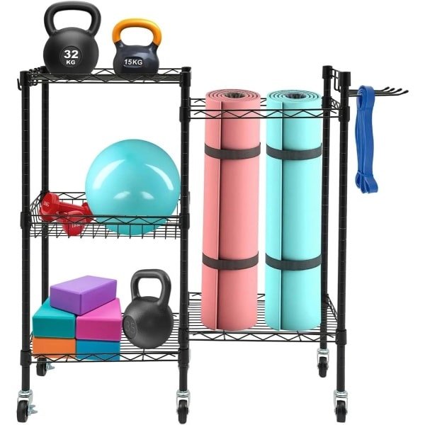 Sensova Home Fitness Opbergrek Zwart met 6 Wielen voor Fitness en Krachttraining - Geschikt voor Halters, Gewichten, Kettlebells, Weerstandsbanden, Sportmat en Fitnessmat - Stevig Vrijstaand Rek voor Thuisgym 91,5 × 30 × 82,5 cm