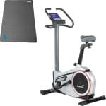 Skandika Morpheus Hometrainer Fiets SET - Hometrainer - Ergometer (117l x 67b x 162h cm) + Mat (60 x 120 cm) - Fitnessbike - Street View functie, polsslagband, 32 instelbare weerstanden, multifunctionele computer, calorieverbruik - zwart/zilver