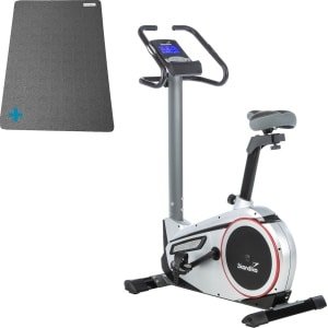 Skandika Morpheus Hometrainer Fiets SET - Hometrainer - Ergometer (117l x 67b x 162h cm) + Mat (60 x 120 cm) - Fitnessbike - Street View functie, polsslagband, 32 instelbare weerstanden, multifunctionele computer, calorieverbruik - zwart/zilver