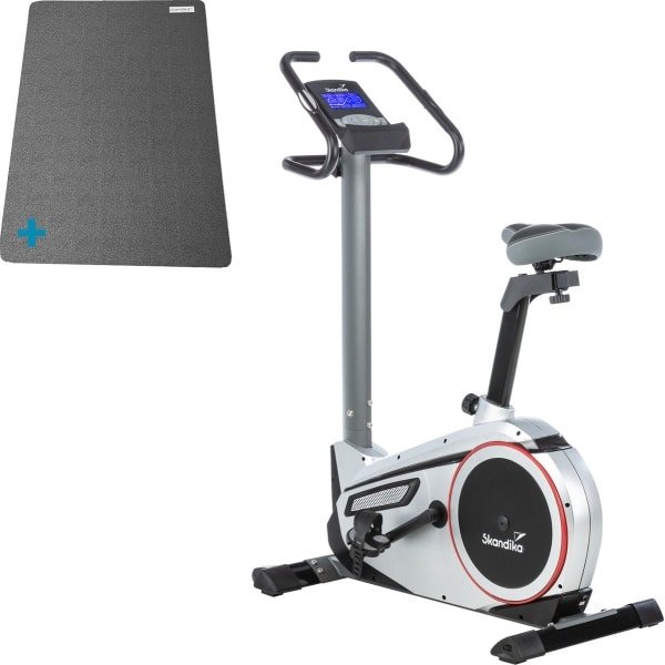 Skandika Morpheus Hometrainer Fiets SET - Hometrainer - Ergometer (117l x 67b x 162h cm) + Mat (60 x 120 cm) - Fitnessbike - Street View functie, polsslagband, 32 instelbare weerstanden, multifunctionele computer, calorieverbruik - zwart/zilver