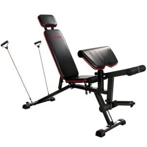 Verstelbare Fitness Halterbank - Fitnessbank - 3-in-1 Trainingsbank met Beenstrek- en Bicepscurl-pad, Weerstandsbanden - in 6 standen Verstelbaar - Fitness Bank - Inklapbaar - Workout - Krachttraining - Zwart