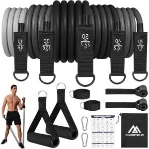 Weerstandsbanden set voor krachttraining, fitness en pilates - Elastische banden met 5 buizen, handgrepen, enkelbanden en meer - Grijs