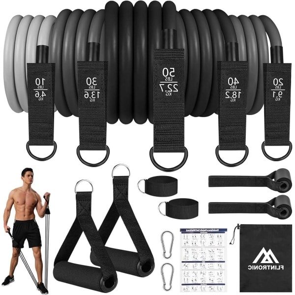 Weerstandsbanden set voor krachttraining, fitness en pilates - Elastische banden met 5 buizen, handgrepen, enkelbanden en meer - Grijs