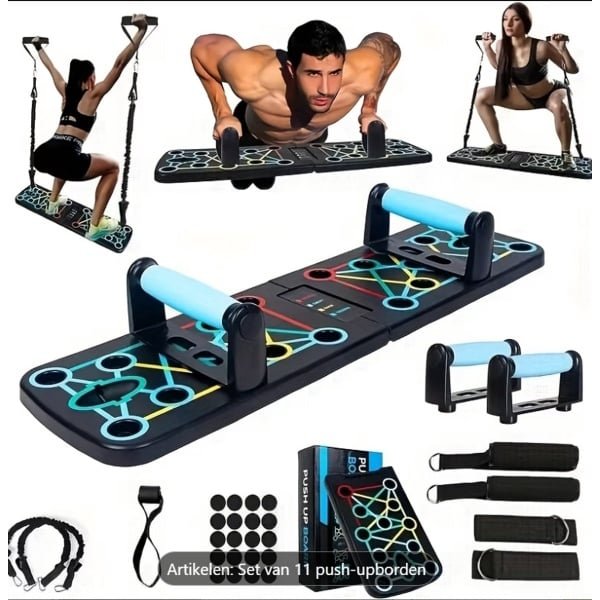 11-delig set Push-Up Board, Draagbaar Opvouwbaar met Weerstandsbanden, Thuisgym Push Bar, Vloer Push Handle, Professionele Krachttraining Apparatuur voor Mannen en Vrouwen, Fitness Accessoires voor Volledige Lichaamstraining.