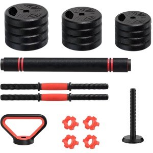 3-in-1 Halterset - Haltergrepen - Verstelbare dumbbells - Set 20 kg - Voor Home Gym & Krachttraining - Compleet Fitnessgewichtenset - Rood/zwart
