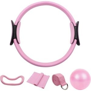 Basis Home Fitness Set - 5-delig incl. Pilates Ring, Elastische Stretchriem, Weerstandsband, Yoga Bal & Ring | Training & Oefeningen Thuis Gymnastiek | Basic Home Workout Gym 5-Piece Set | Crossfit | Mannen & Vrouwen | Unisex