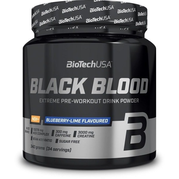 BioTechUSA Zwart Bloed NOX+ | Pre-Workout Formule | met cafeïne, creatine en tyrosine | Suikervrij | 340 g | Blueberry-lime