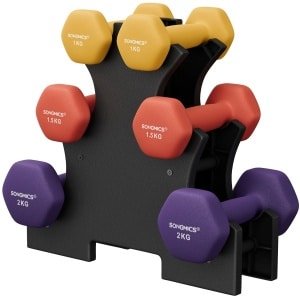 Bosko Dumbell toren - Dumbbell set 3 paar - Dumbbells 1 kg, 1.5kg en 2kg - Fitness - Krachttraining - Antislip - Geel oranje paars