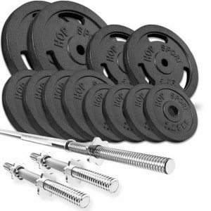 Complete Halterset voor Krachttraining - Gietijzeren Gewichten met Lange en Korte Halterstangen (39 kg, 59 kg of 79 kg)