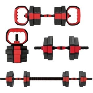 Daity 4-in-1 halterset - Verstelbare halters en halterstang (15 kg), ontworpen voor krachttraining thuis (rood)