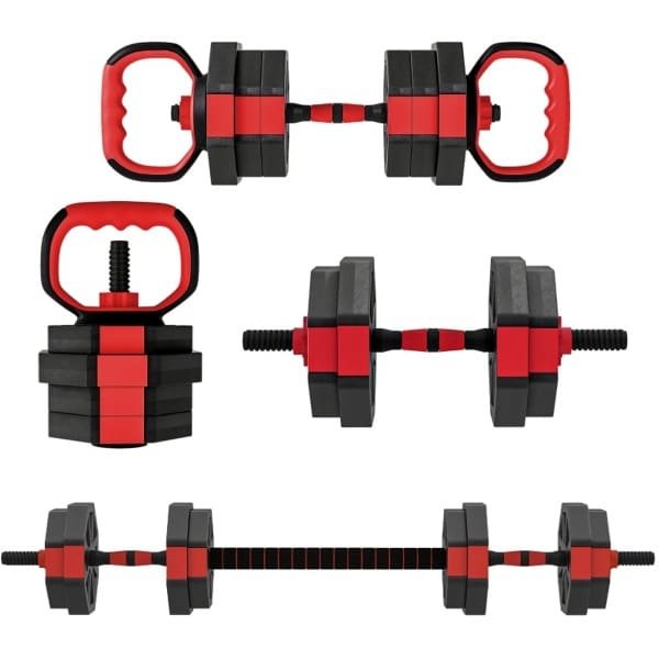 Daity 4-in-1 halterset - Verstelbare halters en halterstang (15 kg), ontworpen voor krachttraining thuis (rood)