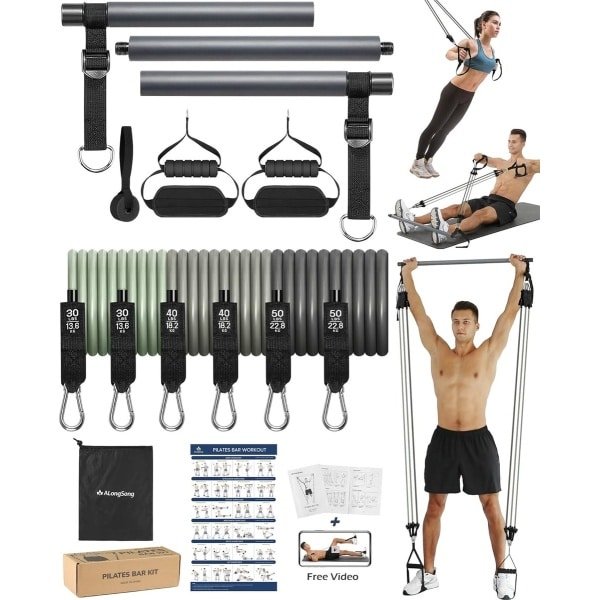 Duurzame Luxe Pilates set - Pilatesstang, verstelbare en afneembare weerstandsstang met verschillende elastische elastieken, pilatesstang voor spiertraining thuis en in de sportschool, krachttraining voor dames en heren