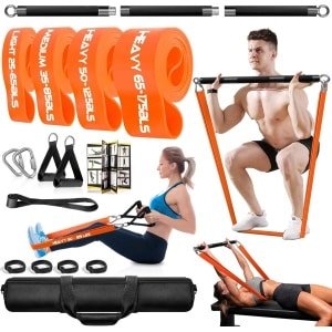 Fitness Set - Weerstandsbanden - Fitnessband - Krachttraining - Weerstandsset - Afneembare Stang 98 cm - 4 Weerstandsniveaus Tot 120 kg - 100% Natuurlijk Latex