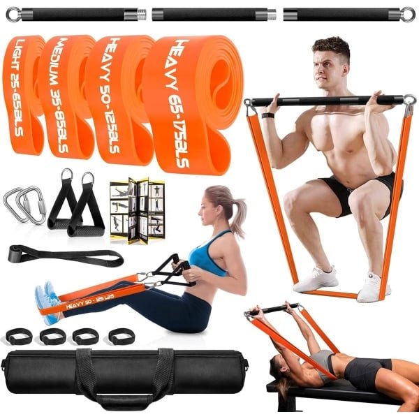 Fitness Set - Weerstandsbanden - Fitnessband - Krachttraining - Weerstandsset - Afneembare Stang 98 cm - 4 Weerstandsniveaus Tot 120 kg - 100% Natuurlijk Latex