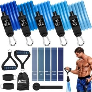 Fitnessbanden Set - Weerstandsbanden Set - Krachttraining Thuis - 5 Verschillende Weerstanden - Tot 200 LB - Blauw