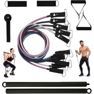Fitpaddy Fitness Set Thuis - Weerstandsbanden met Halterstang, Deuranker & Accessoires - Complete Krachttraining & Home Workout Kit - 5 Elastieken tot 46 kg - Zwart