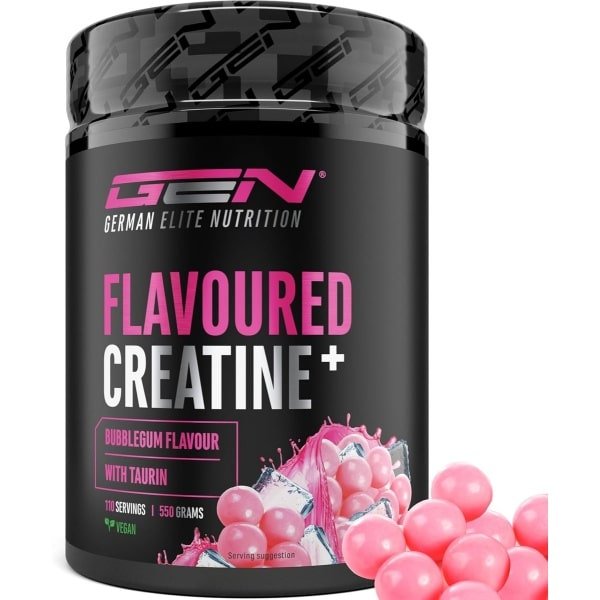 GEN Gearomatiseerd Creatine Poeder - 550g - Creatine Monohydraat + L-Taurine - Gemicroniseerde Creatine met Aroma - Geen Suiker & Top Oplosbaarheid - Veganistisch (Bubble Gum)