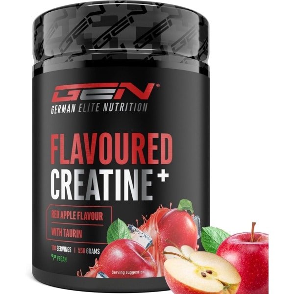 GEN Gearomatiseerd Creatine Poeder - 550g - Creatine Monohydraat + L-Taurine - Gemicroniseerde Creatine met Aroma - Geen Suiker & Top Oplosbaarheid - Veganistisch (Red Apple)
