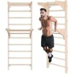 Gymnastiek Ladder - Trainingsstation Klimrek - Krachttraining Thuis - Inclusief Dip-bars Handgreep - Wandmontage - Natuurlijk Hout