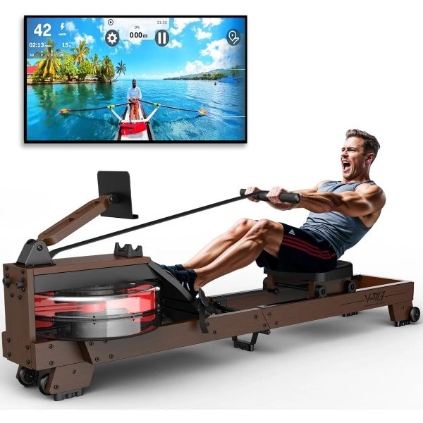 HOB Roeitrainer - Inklapbaar Ruimte Besparend - Bluetooth & Tablet houder - Hout kleur - LED-display en Compatibele app - Roeiapparaat Voor Thuis - Opvouwbaar